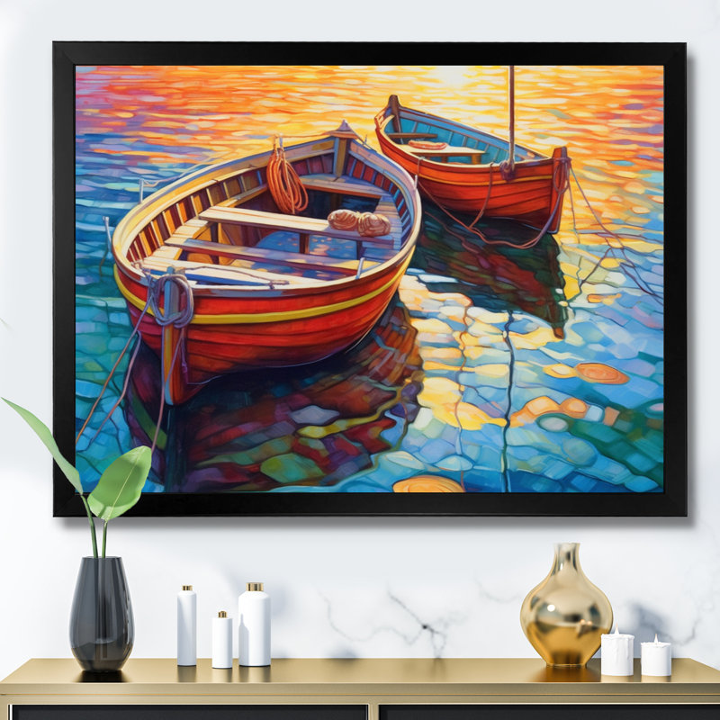 Deux bateaux dans le port I - art mural port côtier, Cadre noir, H 16 po x l 32 po x P 1 po