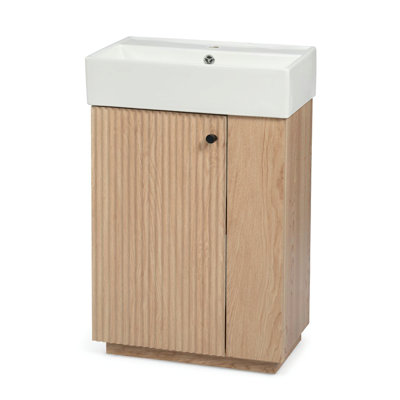 Meuble-lavabo de 21,6 po en céramique, meuble-lavabo autoportant moderne à portes gauches avec rangement à grain de bois, MDF