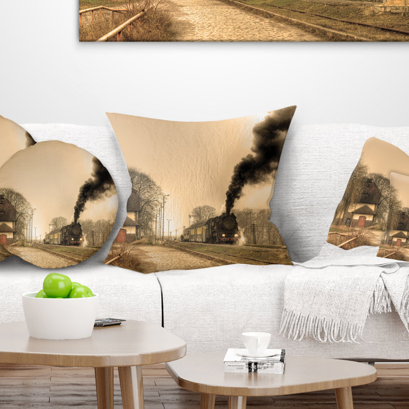 Coussin train paysage rétro, 16 po x 1 po, Coussin décoratif