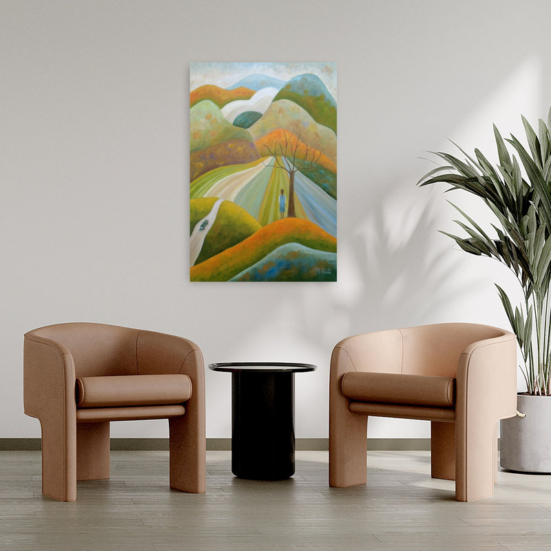 «A Girl's Autumn Journey», art mural coloré, paysage rustique paisible, H 36 po x l 24 po
