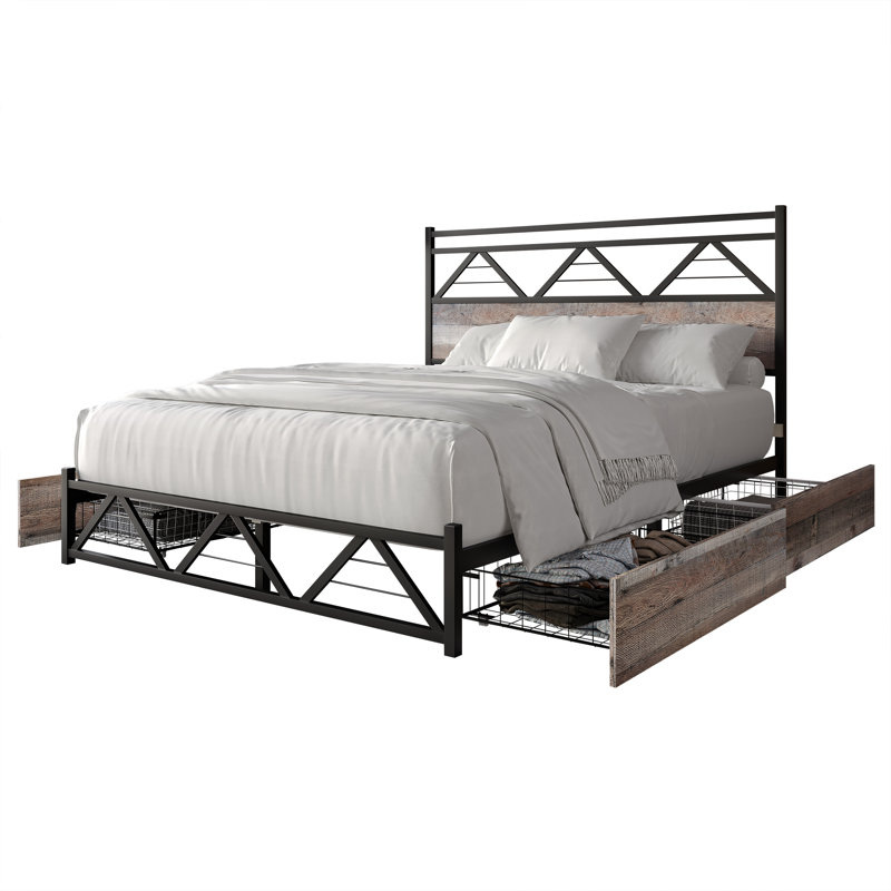 Full Metal Platform Bed With Storage In Natural Oak, Queen, Natural Oak