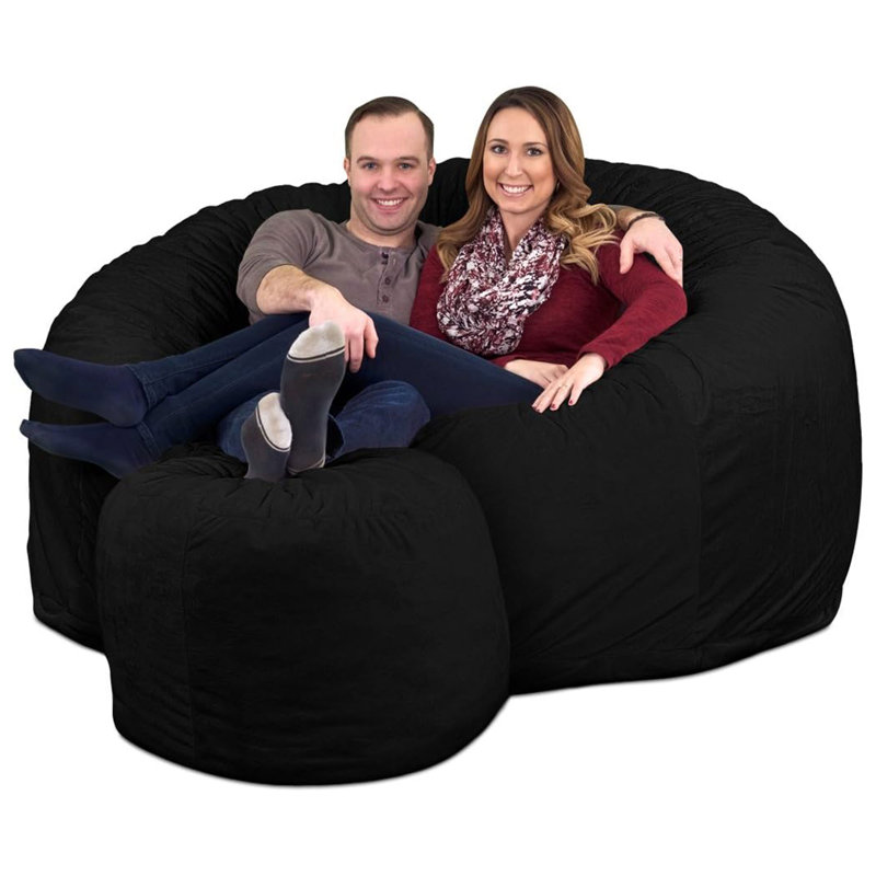 5ft Bean Bag Chair and Footstool, Oversized Lounger, Suede, Black Suede, 38" H x 68" W x 68" D