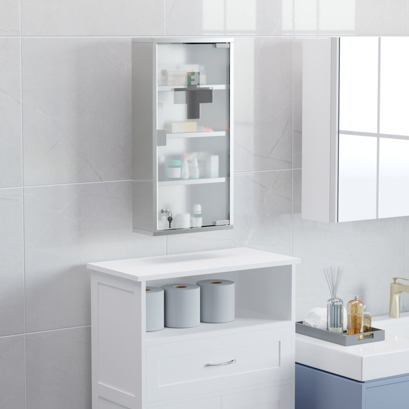Kleankin Wall Mounted Medicine Cabinet, Locking Wall Cabinet With 4 Tier Shelves, Stainless Steel Frame And Glass Door, Lockable With 2 Keys, Silver, 12" X 24"
