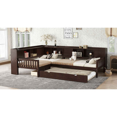 L-Shaped Platform Bed With Trundle, Solid Wood Platform Bed With Storage Drawers And Shelves, No Spring Box Needed