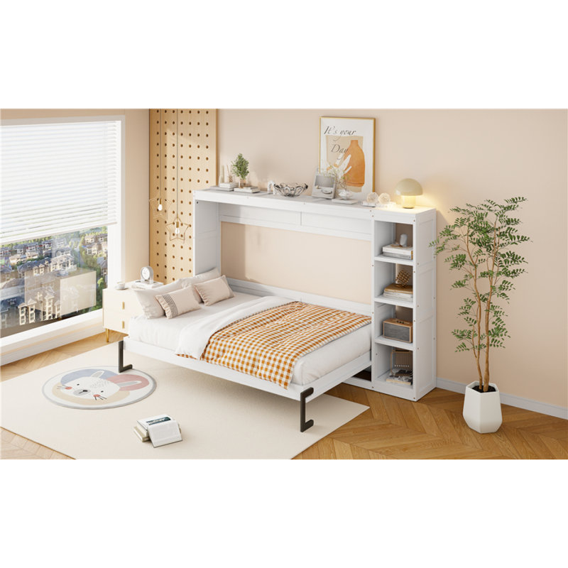 Full Size Murphy Bed With Bookshelf, White, Full, White
