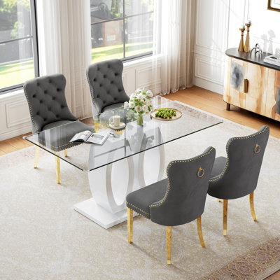 63" Rectangular Glass Dining Table Set, Clear Tempered Glass Top, Double O-Shaped Base, Velvet Upholstered Chairs with Stainless Steel Frames