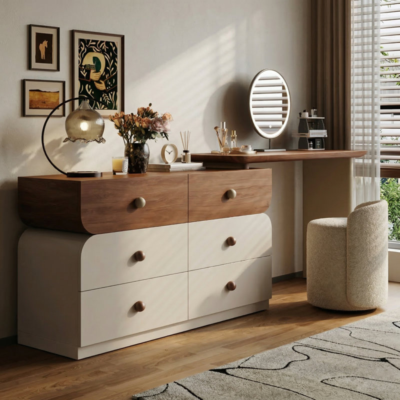 Meuble-lavabo extensible avec 6 tiroirs, coiffeuse réglable de 47,24 à 90 po, grand bureau de meuble-lavabo pour chambre à coucher, table de maquillage extensible brun et crème moderne
