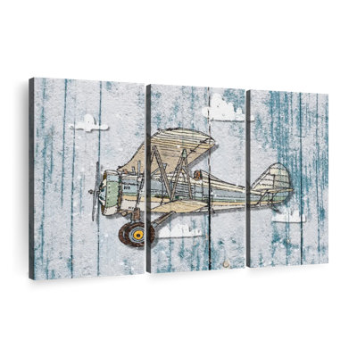 Caricature d'un avion rustique - impression sur toile tendue 3 pièces