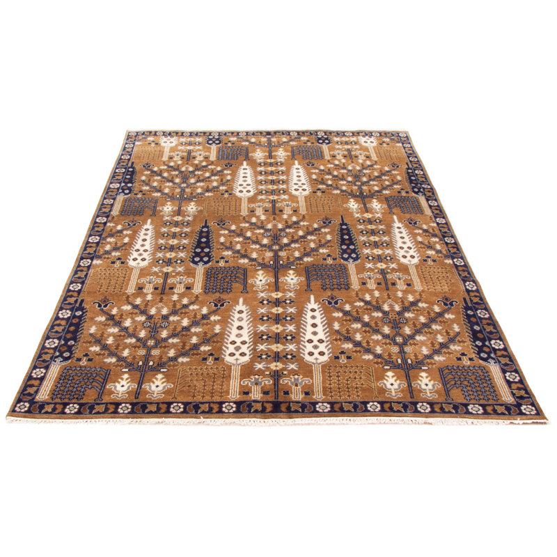 Tapis brun / bleu marine en laine noué à la main de conception unique 7 pi 11 po x 10 pi New Age