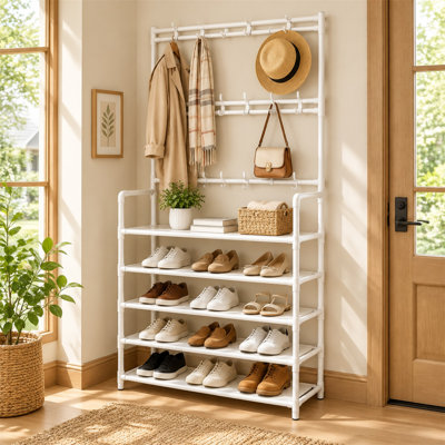 Freestanding Hall Tree Coat Rack with Shoe Storage, 5-Tier Metal Entryway Organizer with Removable Hooks & Hat Shelf for Apartment, Dorm, Bedroom