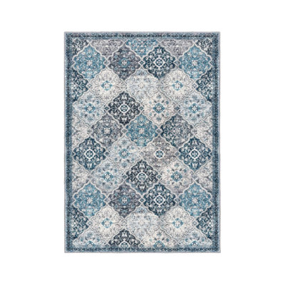 Blue Gray Ogee Medallion Rug 5 x 7 Ft for Living Room