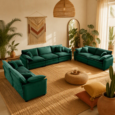 Ensemble de salon moderne 3 pièces, deux canapés 2 places et un canapé 3 places, grand canapé rembourré à assise profonde avec coussin et coussins, velours côtelé vert
