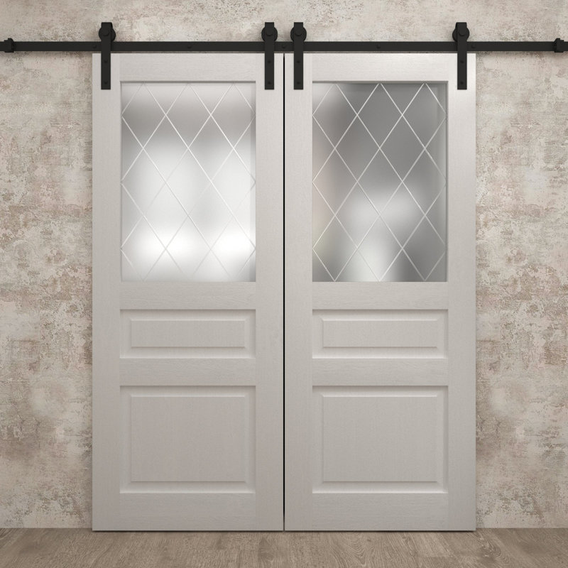 Porte de grange double moderne | Ego 5011 | Ensemble de rail | Portes intérieures solides, Chêne blanc peint, 36 po x 96 po