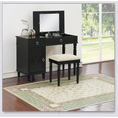 Bedroom Vanity Set With Stool, Open-Up Mirror, Storage Space, Drawers, And Rubber Wood Construction For Elegant Organization
