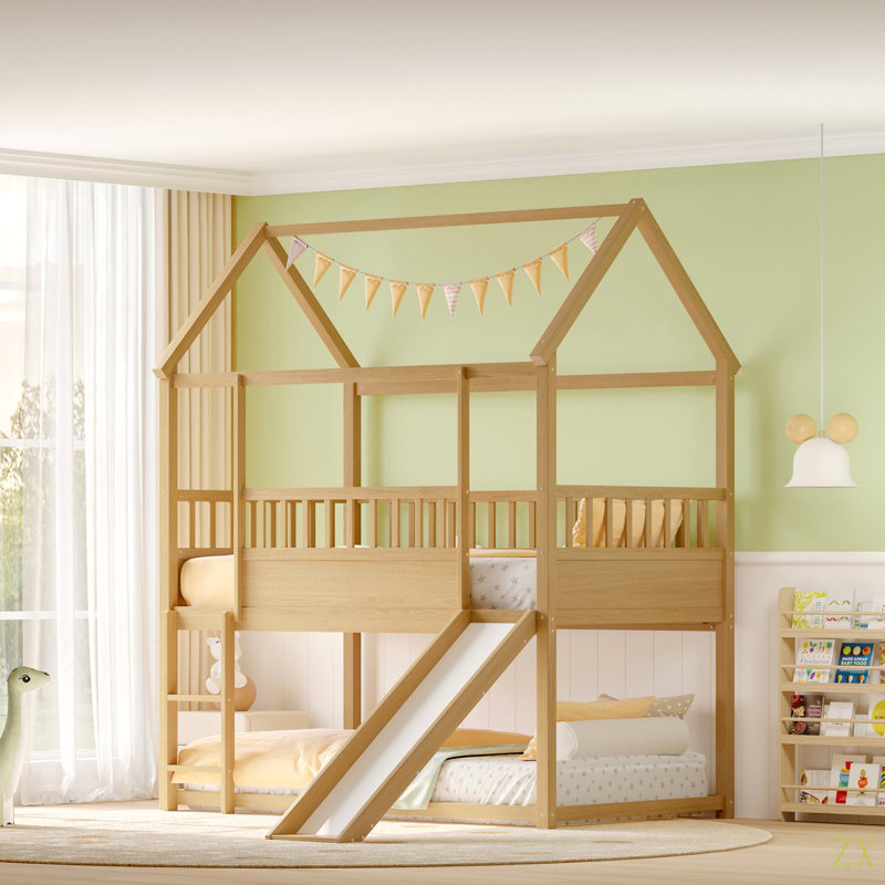 Lit superposé House avec glissade et échelle convertibles, lit superposé simple au-dessus d'un lit simple avec garde-corps