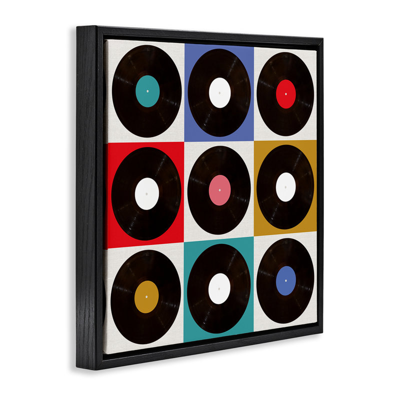 Cadre flottant à motif géométrique de disques de musique, design par Katrina Craven, Cadre flottant noir de jais
