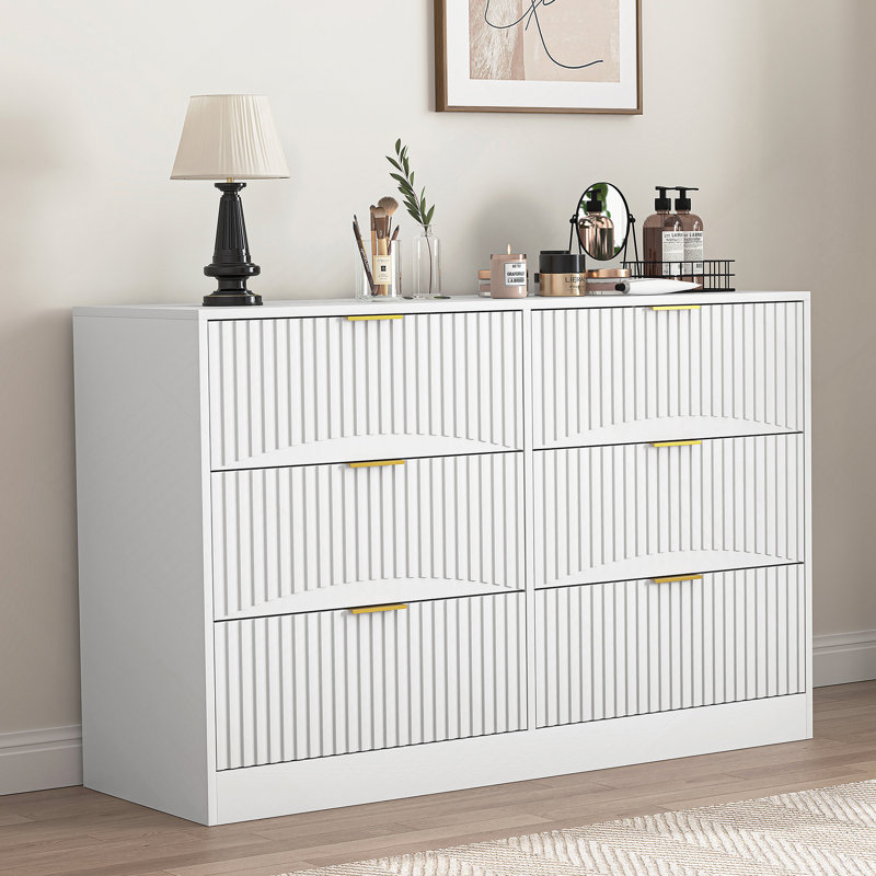 Commode 6 tiroirs en bois pour chambre à coucher, salon, White