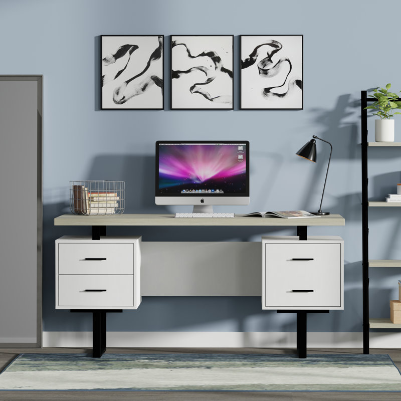 Auniya 60'' Desk, Light Taupe Top, White Body, Black Metal/Hardware