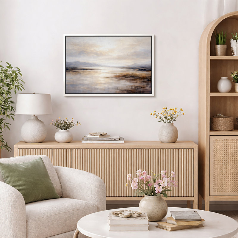 Coucher de soleil doré, art du paysage, images de salon chaleureux, impression sur toile encadrée, Cadre blanc