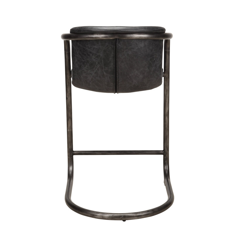 Freeman Bar Stool, Counter Stool (25" Seat Height), Black Genuine Leather