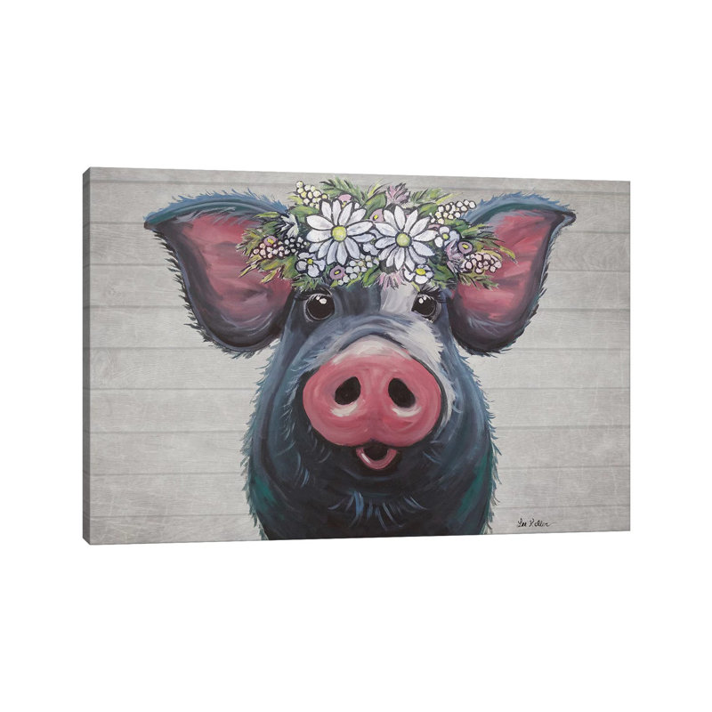 Lulu The Pig With Daisies Farmhouse Style by Hippie Hound Studios - Wrapped Canvas Print, 20.32 cm H x 30.48 cm W
