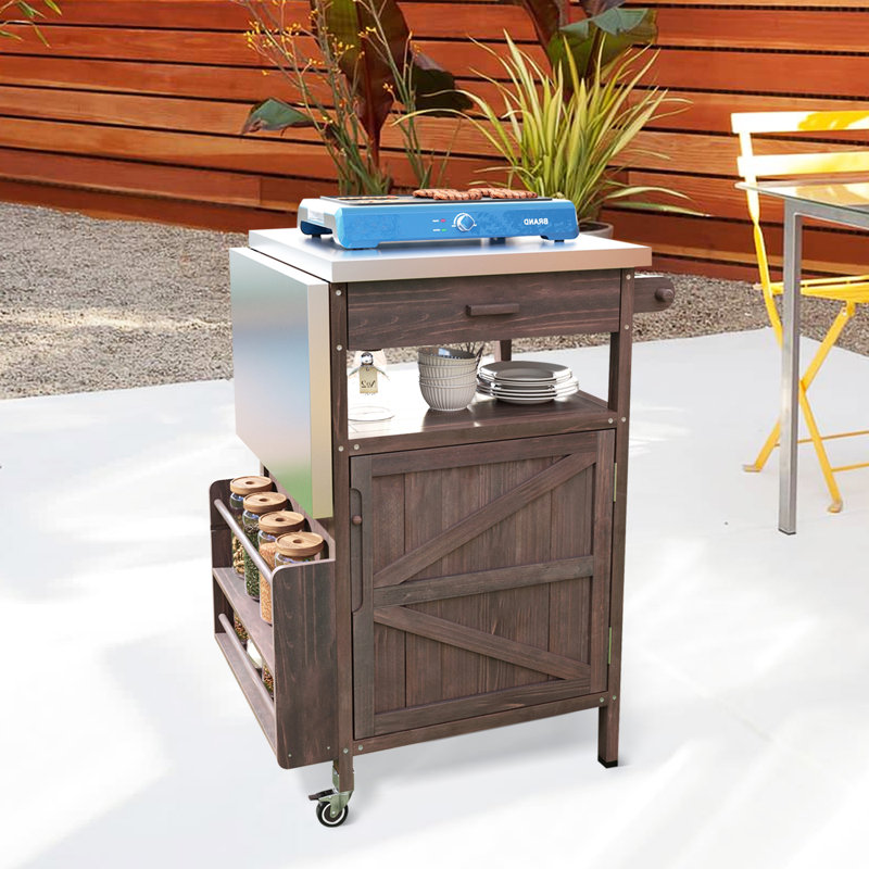 Chariot de barbecue extérieur en bois massif 40,5 po avec plateau en acier inoxydable, abattant et roulettes verrouillables, brun
