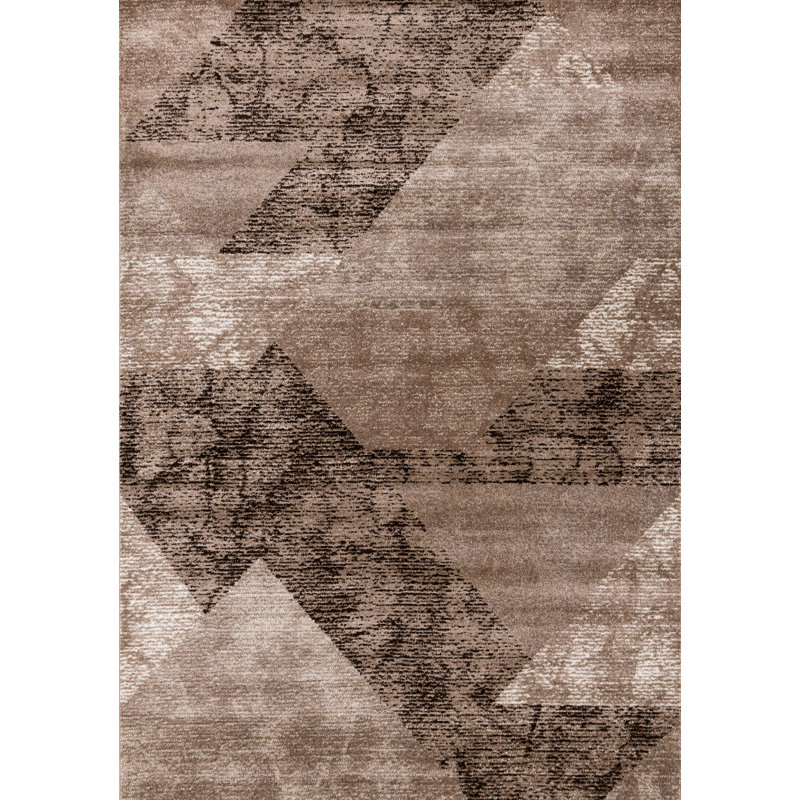 Tapis crème à motif géométrique beige et brun à poils courts, Rectangle 5 pi 3 po x 7 pi 7 po