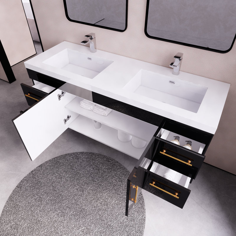 59.05'' Double Bathroom Vanity with Acrylic Top, Glossy Black