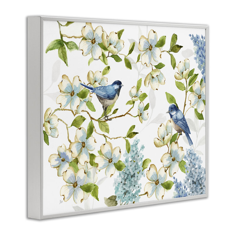 Cornouiller et oiseaux bleus, estampe numérique par Nan, H 11 po x l 14 po, Estampe numérique encadrée blanc bord de mer