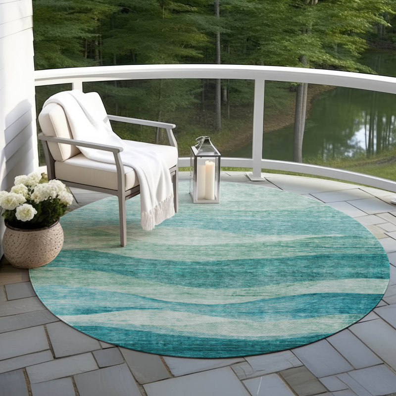 Tapis bleu sarcelle lavable à la machine intérieur / extérieur Lizabeta, Rond 8 pi