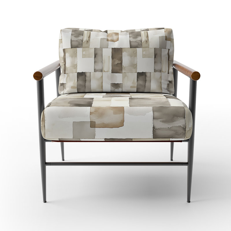 Chaise rembourrée gris et beige Country Farmhouse, Bras ronds bruns