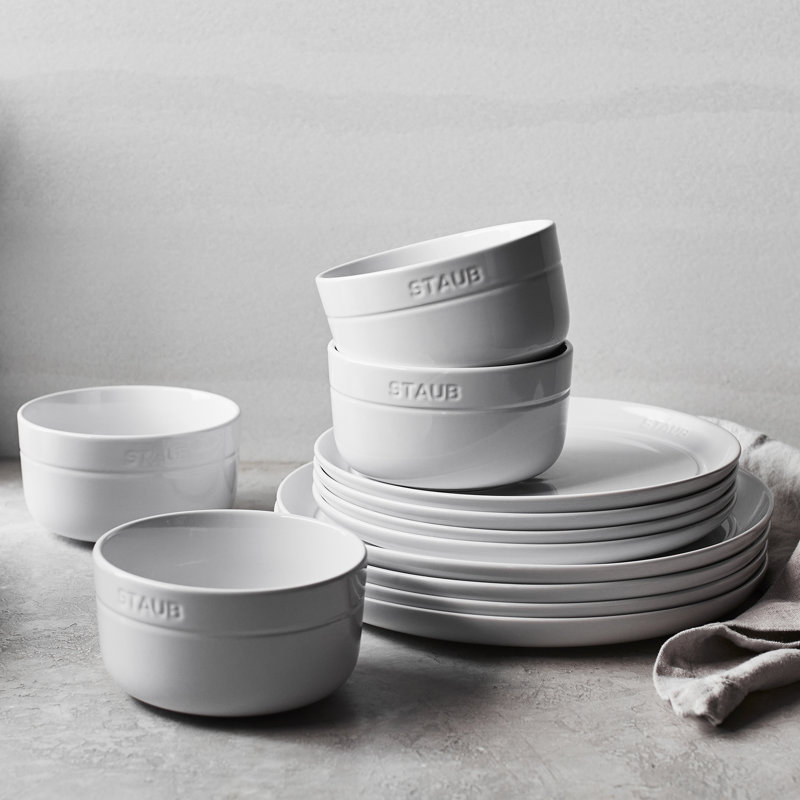 12 Piece Ceramic Dinnerware Set, White, White
