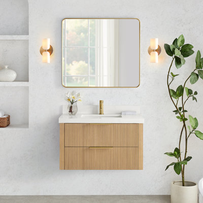 Barcelona 36" Floating Single Bath Vanity in Washed Ash Grey with White Quartz Stone Top
