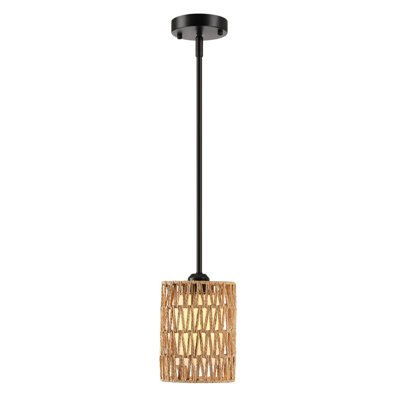 Luminaire suspendu 1 lumière de style bohémien à 1 lumière de 5,9 po avec abat-jour en rotin tissé à la main, luminaire suspendu noir pour îlot de cuisine, salle à manger, vestibule, pouvant être installé sur un toit incliné