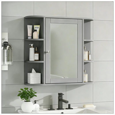 Armoire de rangement murale de salle de bain avec miroir, armoire à pharmacie avec tablette en bois réglable et portes, armoires de rangement montées avec 6 tablettes ouvertes, gris