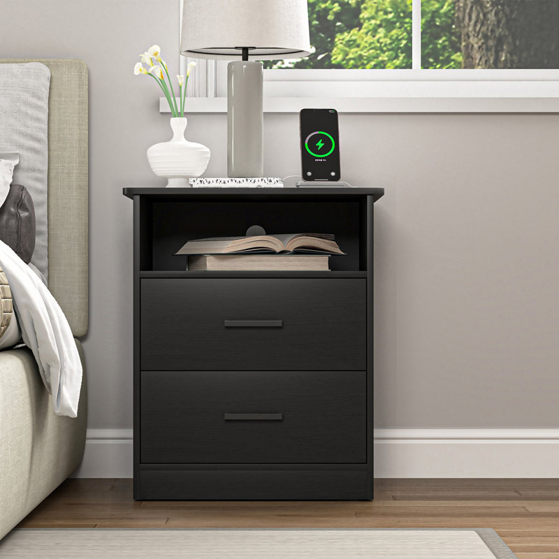 2 Drawers Nightstand With Charging Station, Black