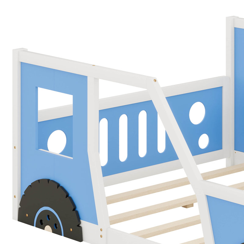 Lit plateforme en forme de voiture avec roulettes et deux fenêtres, Bleu