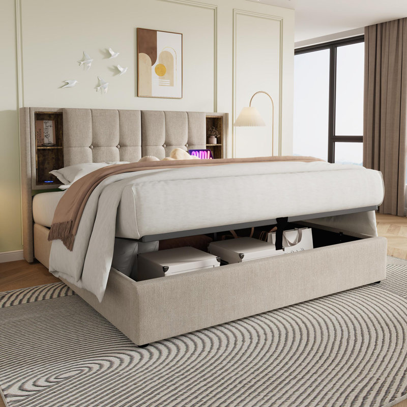 Upholstered Ottoman Bed, Super King (6'), Beige