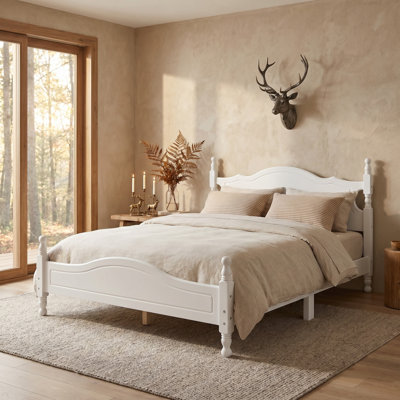 White Queen Elk Mountain Wooden Bed Frame, Rustic Cabin Platform Bed with Turned Posts
