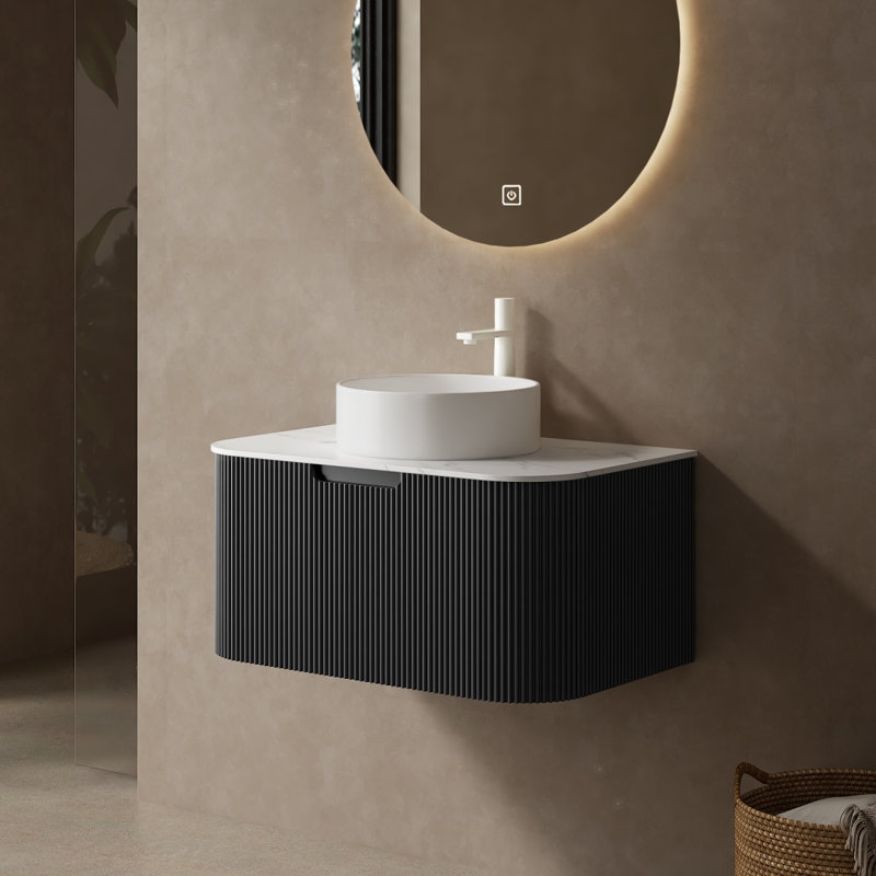 Meuble-lavabo de salle de bain rayé 30 po avec lavabo, armoire de rangement murale moderne en contreplaqué à bords arrondis flottants avec tiroir, lavabo en céramique blanc rond sans robinet, pré-assemblé