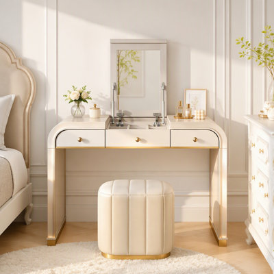 Classic Wood Vanity Desk with Flip Mirror, 3-in-1 Dressing Table with 2 Drawers & Storage Space for Bedroom, Champagne