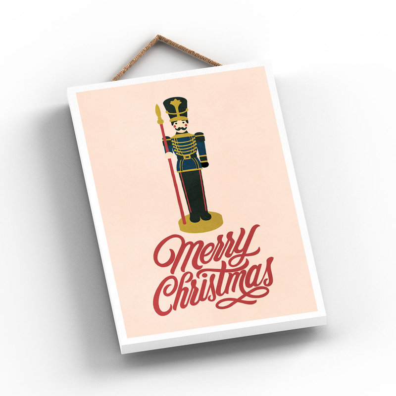 Xmas Merry Christmas Nutcracker Wooden Plaque, 28.5cm H x 18.5cm W x 0.9cm D, Pink/Red
