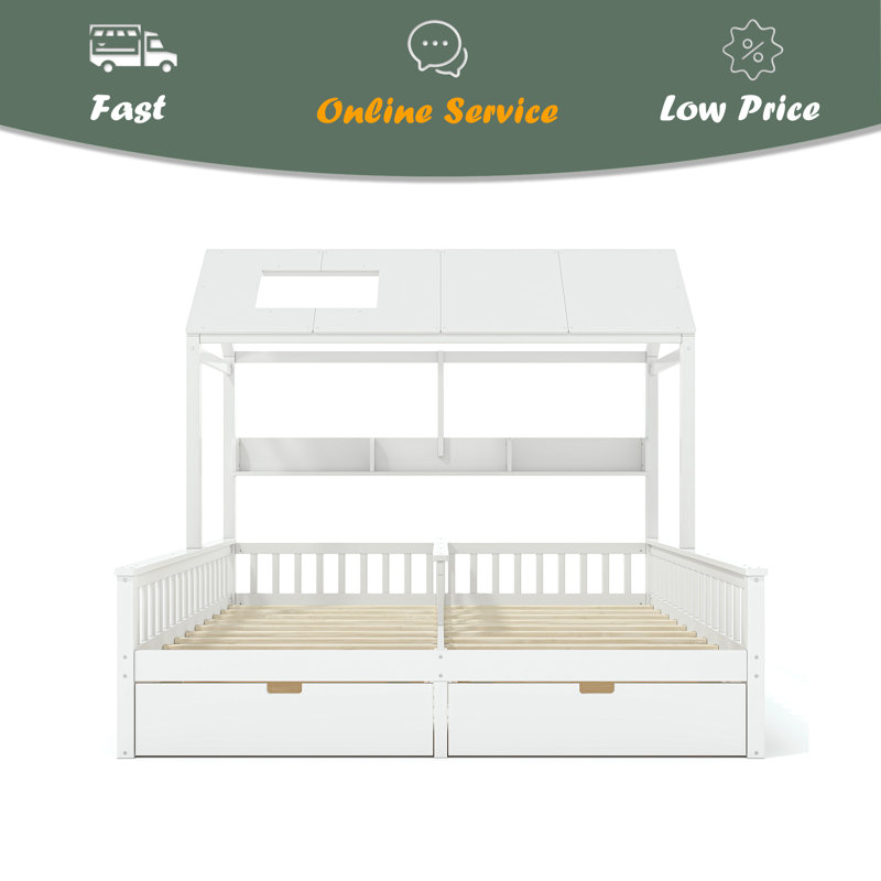 Double Twin Platform Bed With Storage Shelves And Drawers, House Platform Bed With Support Slats, Childlike And Playhouse Design