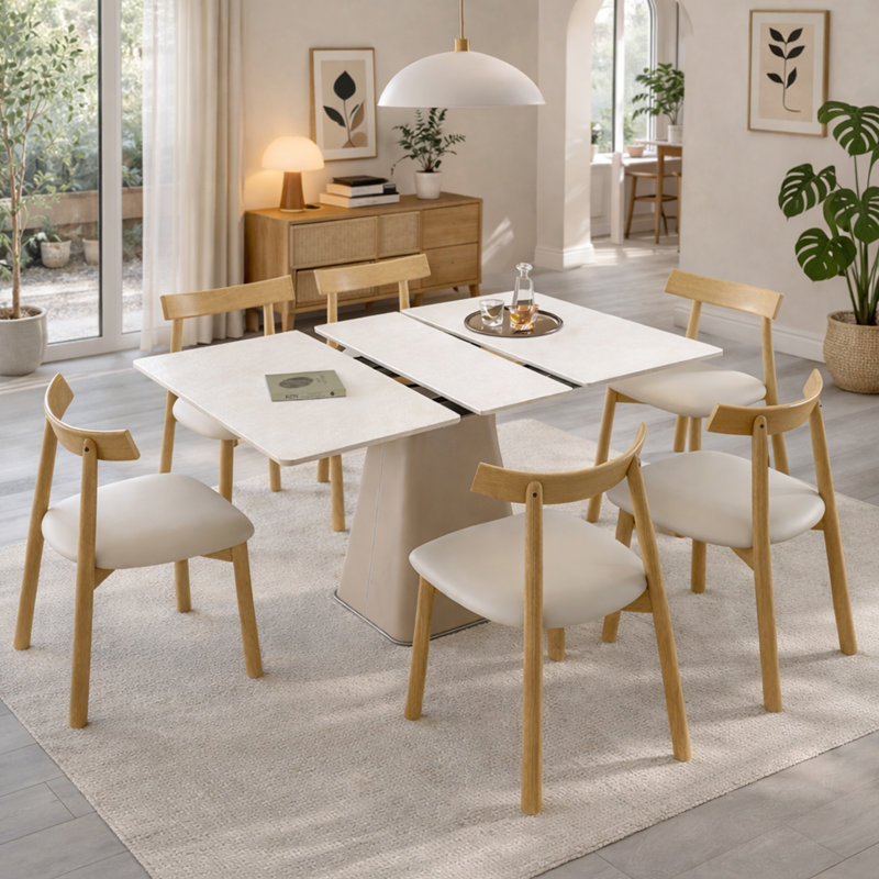 Ensemble de table de salle à manger extensible 7 pièces avec 6 chaises en bois massif pour 4 à 6 personnes