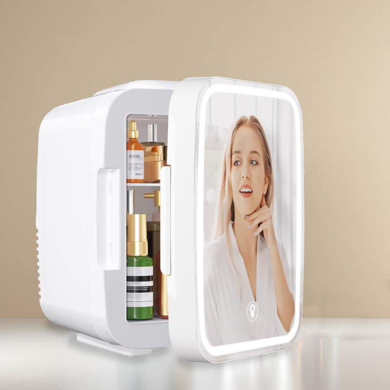Compact Skincare Fridge With LED Mirror For Desk Organization And Beauty Routine Enhancement, Offering Convenient Cold And Warm Storage For Makeup, Skincare, And Small Food Items.