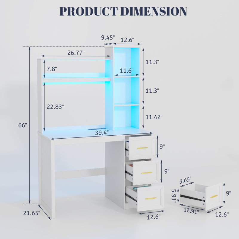 Bureau d'ordinateur à 3 tiroirs avec tablettes et éclairage DEL, Blanc