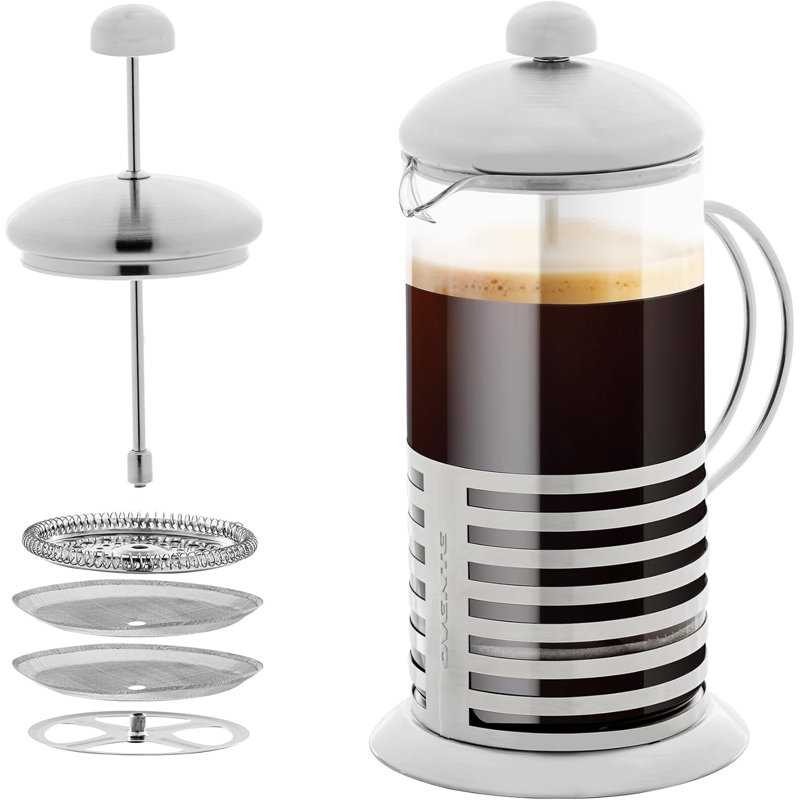 OVENTE French Press Coffee Maker 34 Ounce with Heat Resistant Borosilicate Glass, Stainless Steel Design and 4-Level Filter System, Portable Cold Brewer Pot for Travel, Camping or Gift, Silver FSH34S