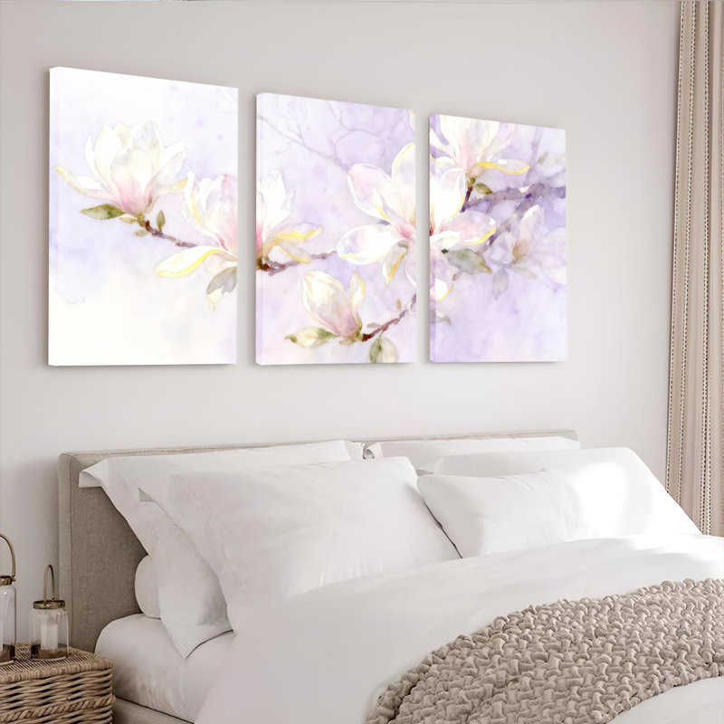 «Watercolor Magnolia Blossom», art mural tendu sur toile, ensemble de 3, H 18 po x l 36 po