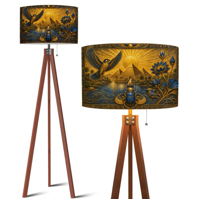  Tripod Standing Lamp Egyptian Art Pyramids Lotus Flowers, Scarab Beetle Pyramids, Remote Controlled Dimmable LED Floor Lamp with Beech Wood Legs & Detachable Linen Shade for Farmhouse Apartment Living Room and Bedroom