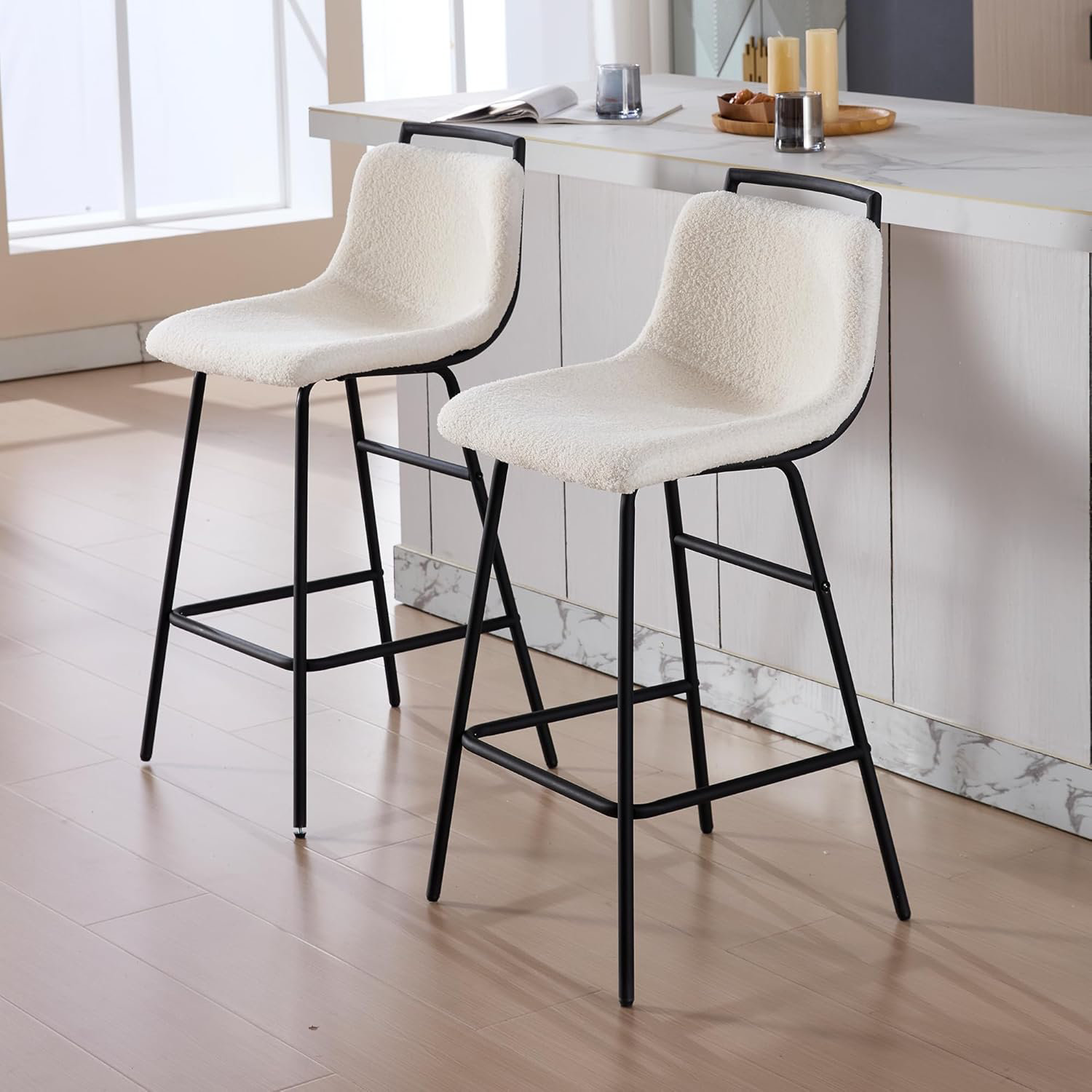 George Oliver Counter Height Bar Stools Set of 2, Modern Boucle ...